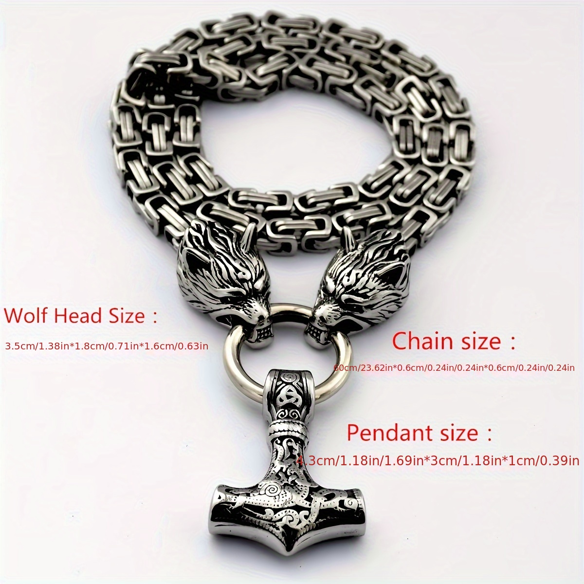 Men's Viking Wolf Head Hammer Pendant Necklace Punk Style Animal Theme